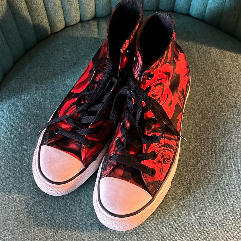 Converse All Star floral satin high top sneakers.